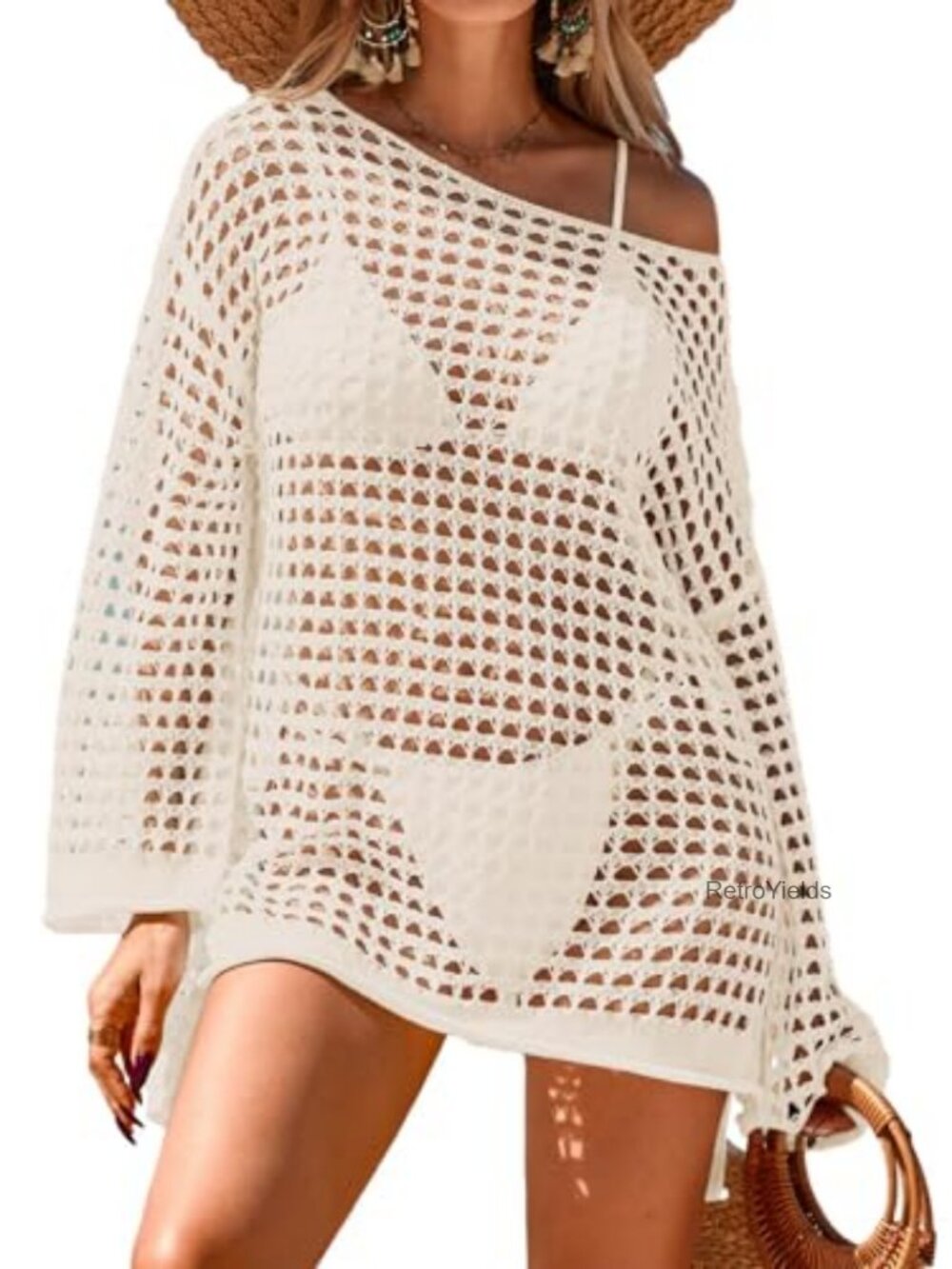 Crochet Swim Cover Up Long Sleeve Mesh Knit Bikini Coverup
